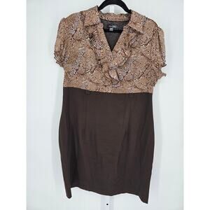 Voir Voir Women's Brown Short Sleeve V-neck Ruffle Knee Length Dress Size 16